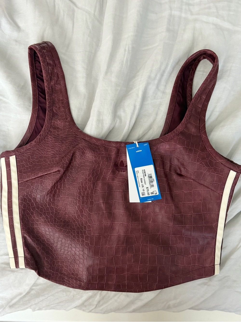 adidas Burgundy Croc-Texture Scoop Sports Bra with Cream Stripes